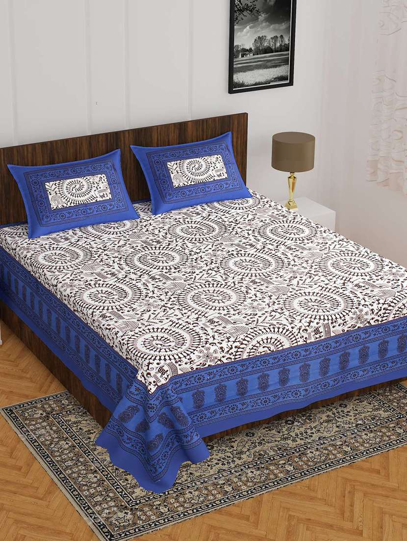 cotton printed blue double bedsheet with 2 pillow covers