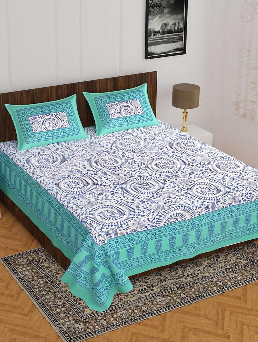 sea green cotton printed bed sheet set