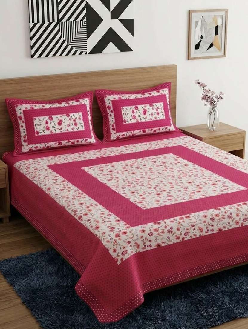 cotton printed pink double bedsheet set with pillow covers