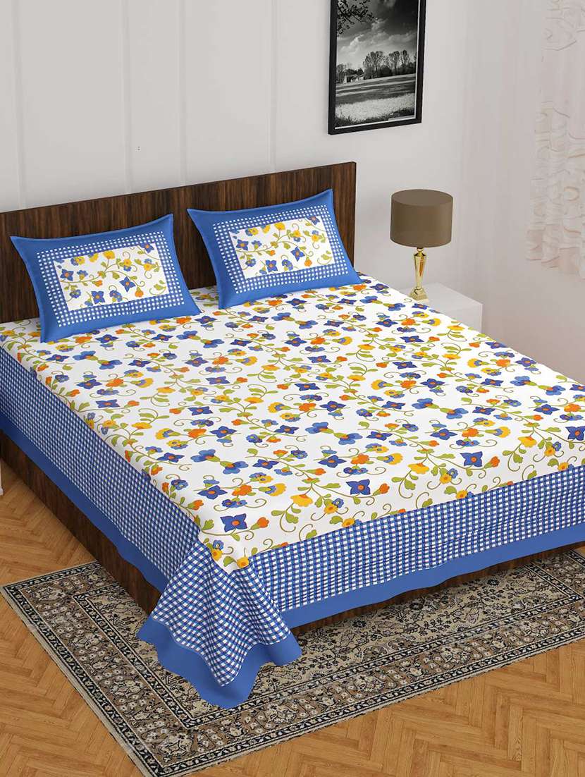 cotton blue floral print double bedsheet with pillow covers