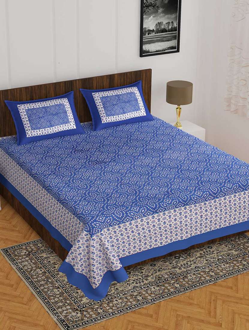 cotton printed blue double bedsheet with pillow covers set