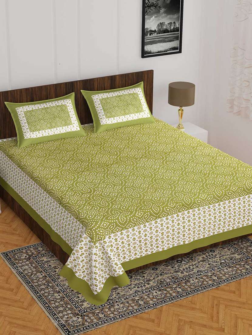 cotton green jaipuri print double bedsheet set