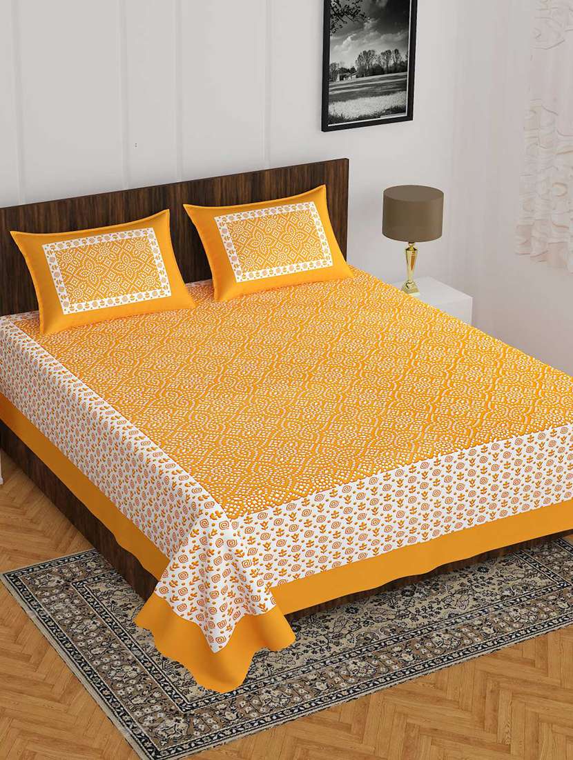 cotton jaipuri print double bedsheet with 2 pillow covers yellow