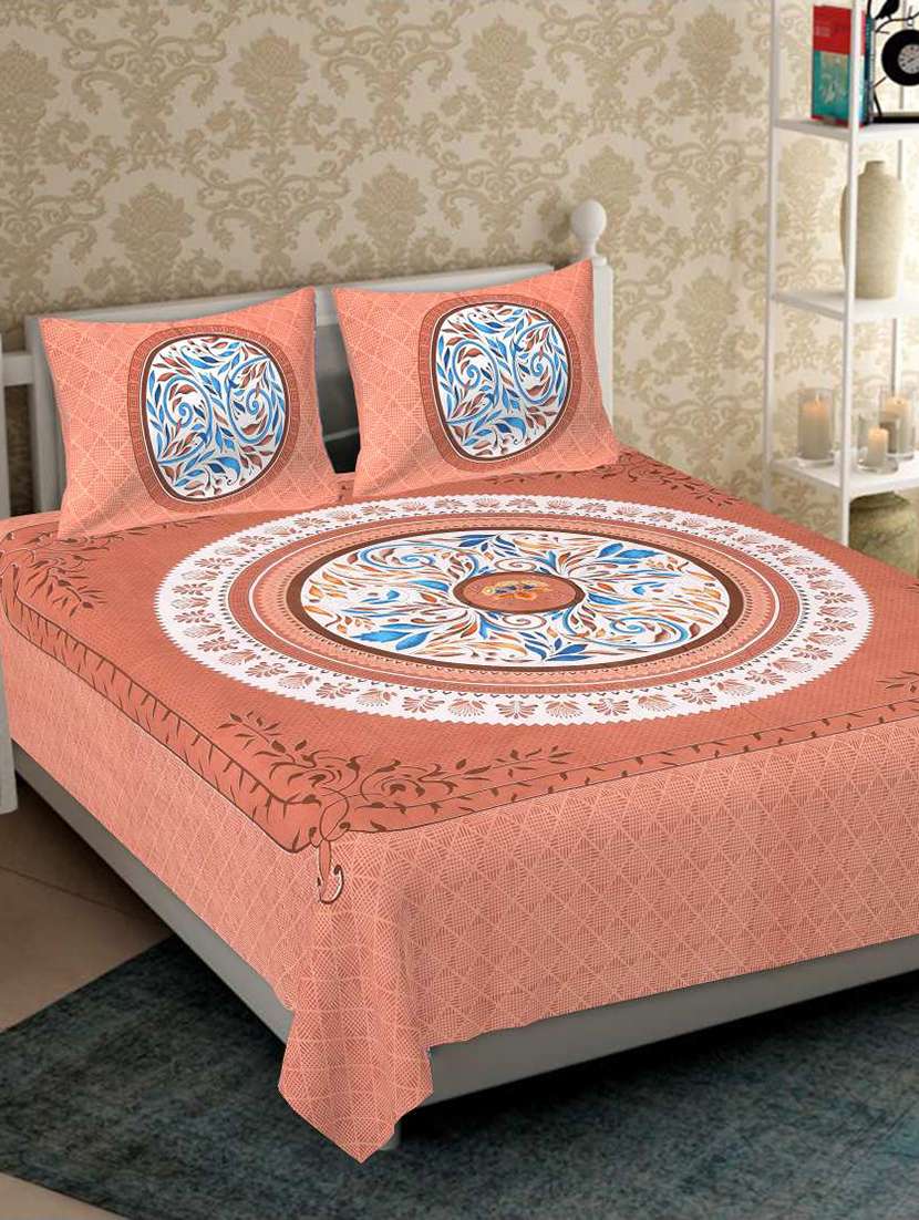 cotton jaipuri print brown double bedsheet set with 2 pillow covers