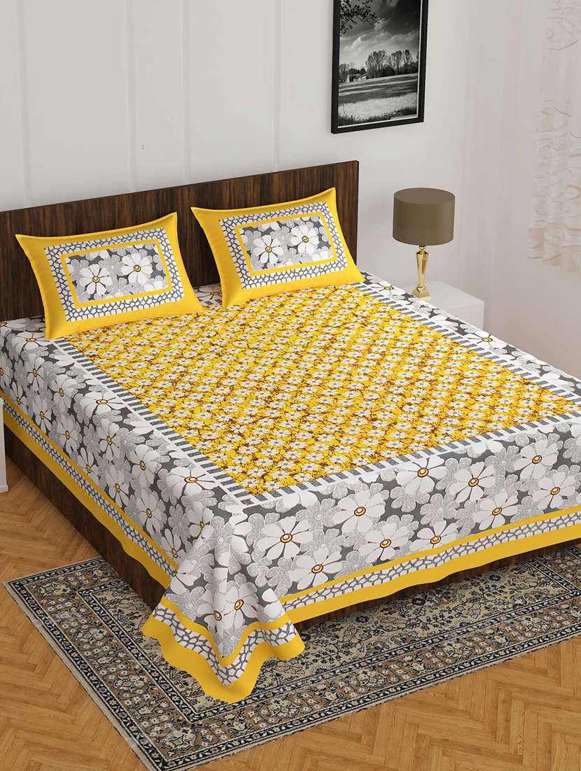 cotton printed yellow double bedsheet set with 2 pillow covers
