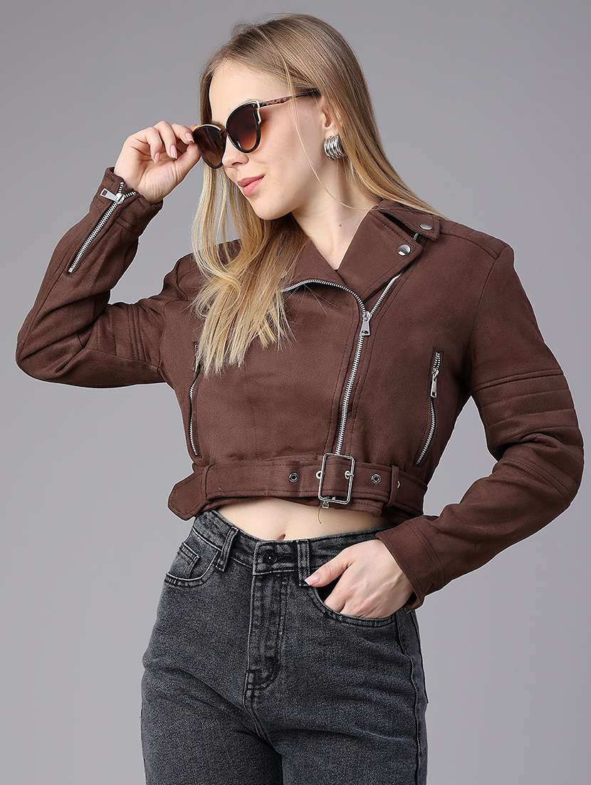women solid long sleeves biker jacket