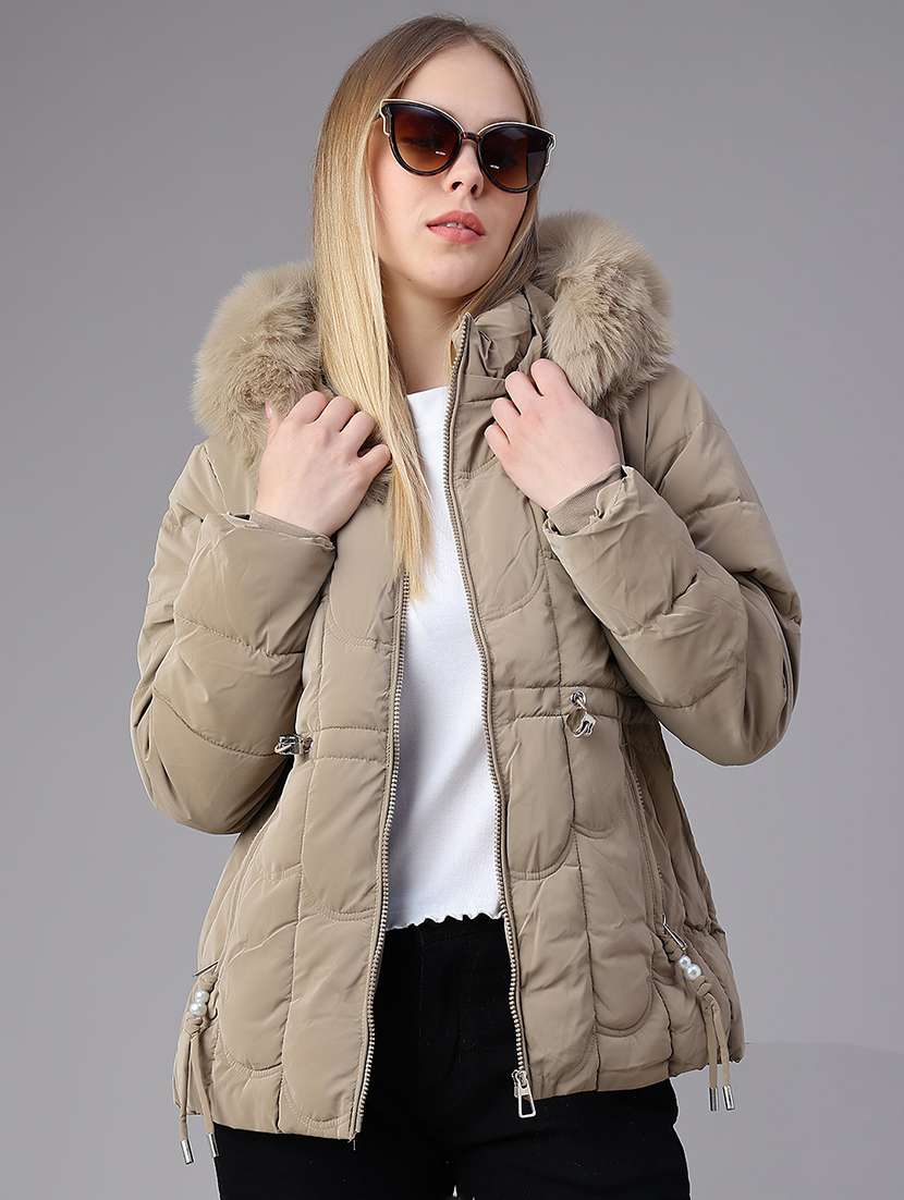 women solid long sleeves hooded puffer jacket