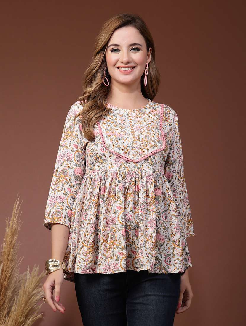 women printed three quarter sleeves flared kurti