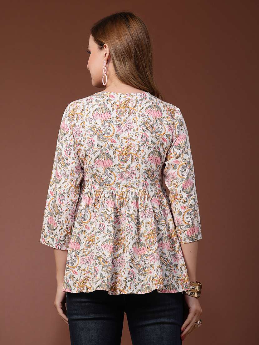 Women Printed Three Quarter Sleeves Flared Kurti - 22719761 -  Standard Image - 3