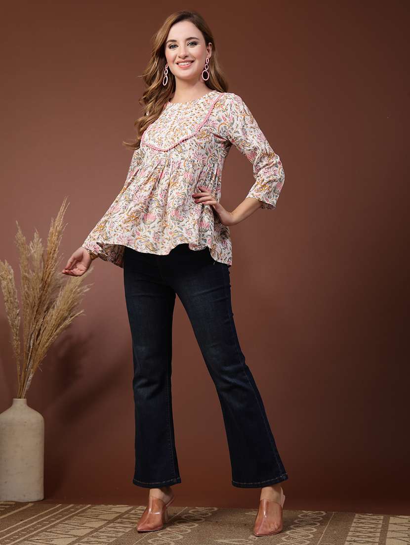 Women Printed Three Quarter Sleeves Flared Kurti - 22719761 -  Standard Image - 5