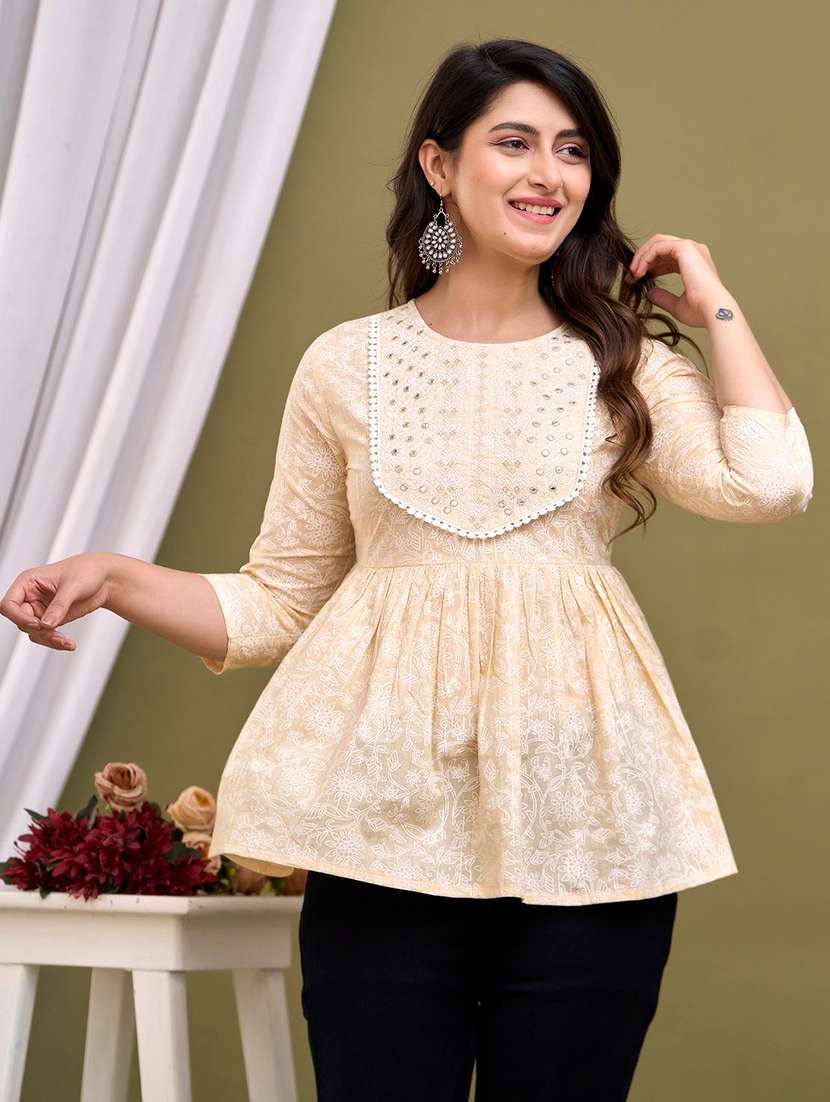women printed three quarter sleeves flared kurti
