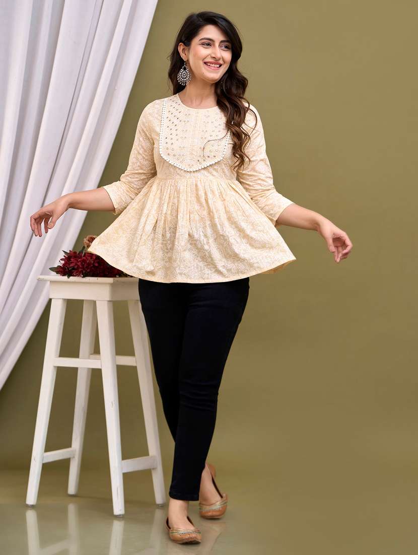 Women Printed Three Quarter Sleeves Flared Kurti - 22719764 -  Standard Image - 5
