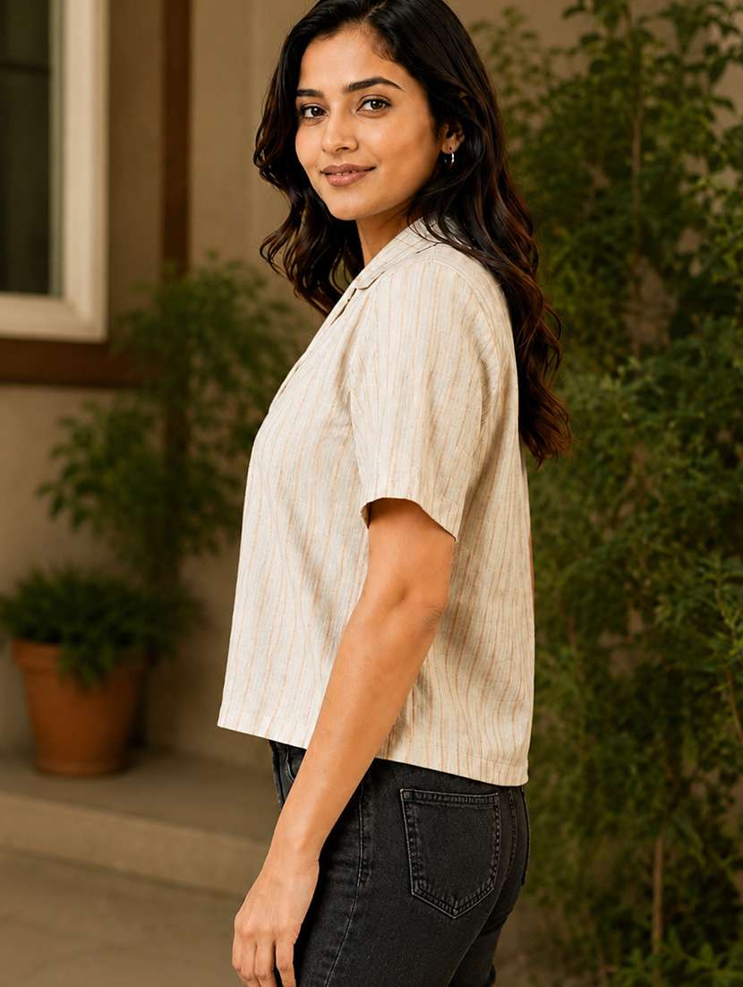 Women Striped Short Sleeves Shirt Style Top - 22719790 -  Standard Image - 3