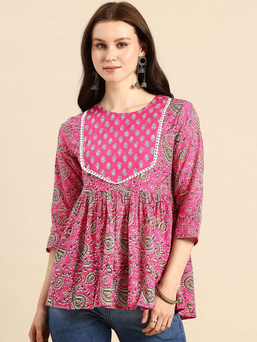 women printed three quarter sleeves flared kurti