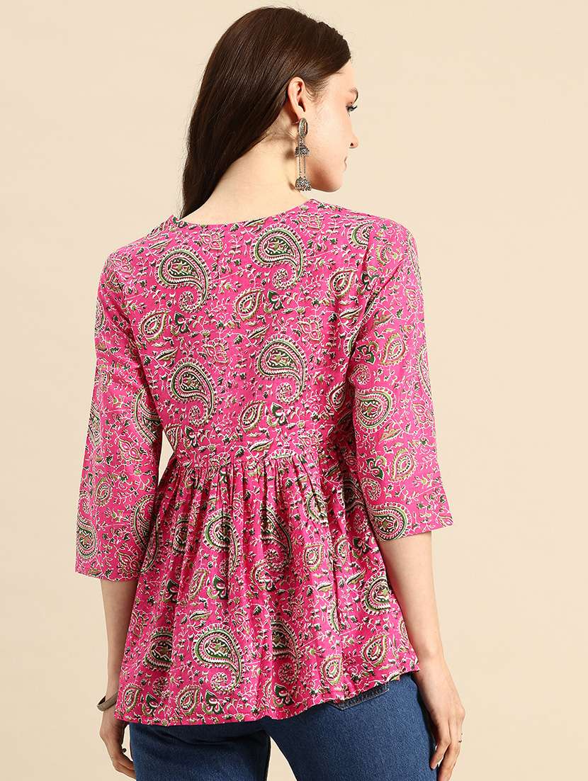 Women Printed Three Quarter Sleeves Flared Kurti - 22719800 -  Standard Image - 3