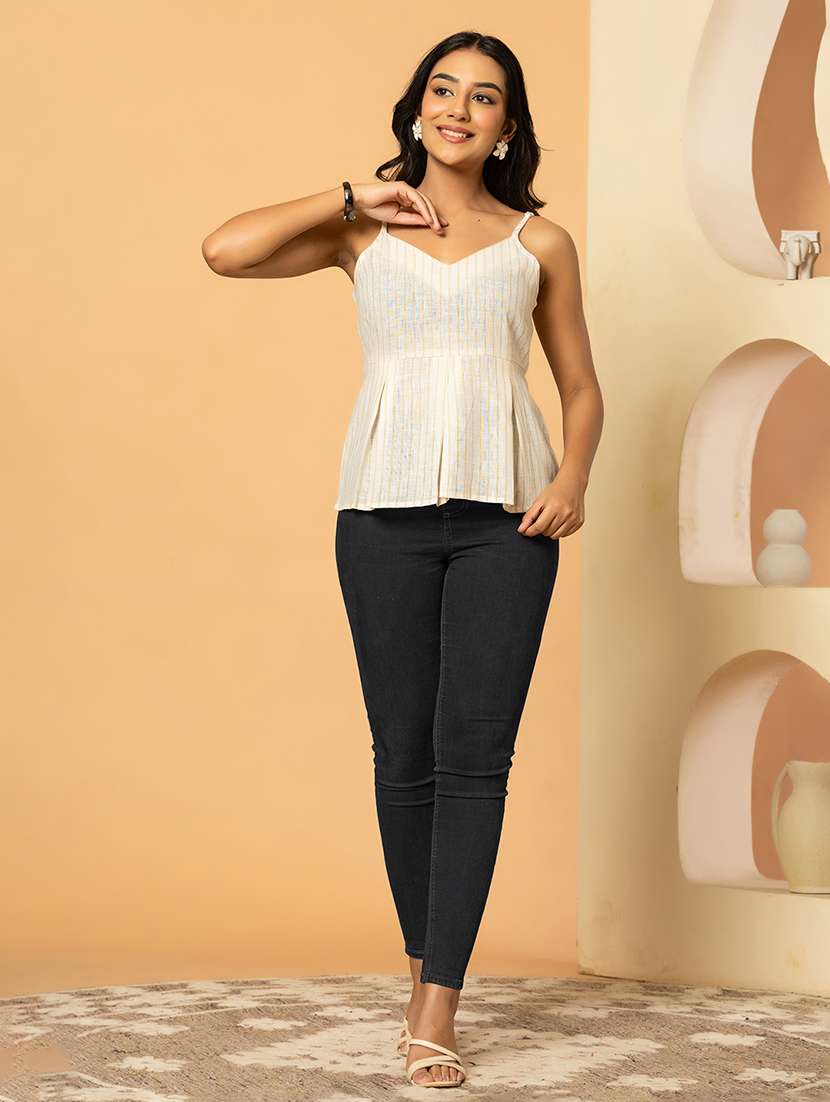 Women Striped Shoulder Strap Peplum Top - 22719804 -  Standard Image - 5