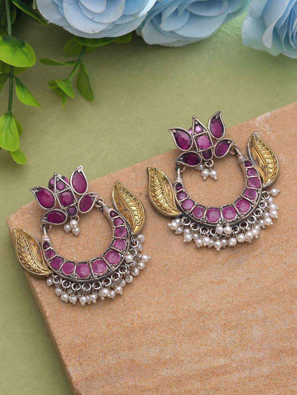 women dual tone oxidised chandbali earrings with stone and pearls