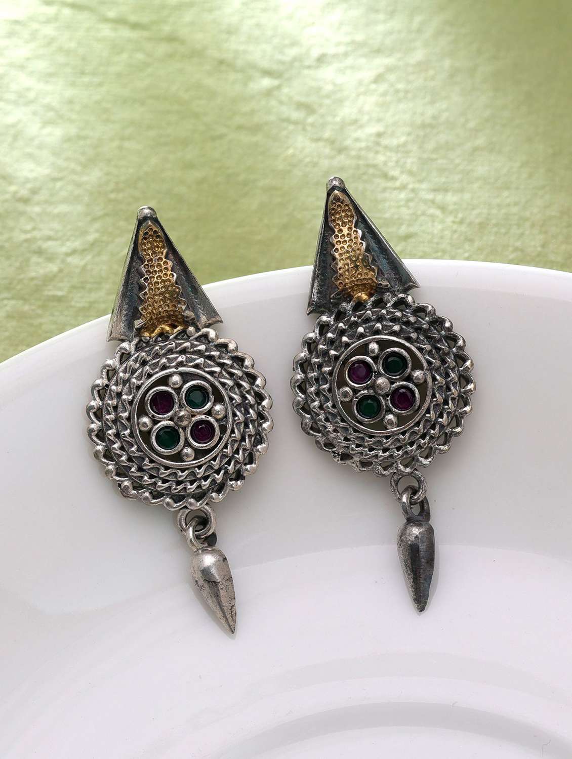 women oxidised stone brass drop earrings