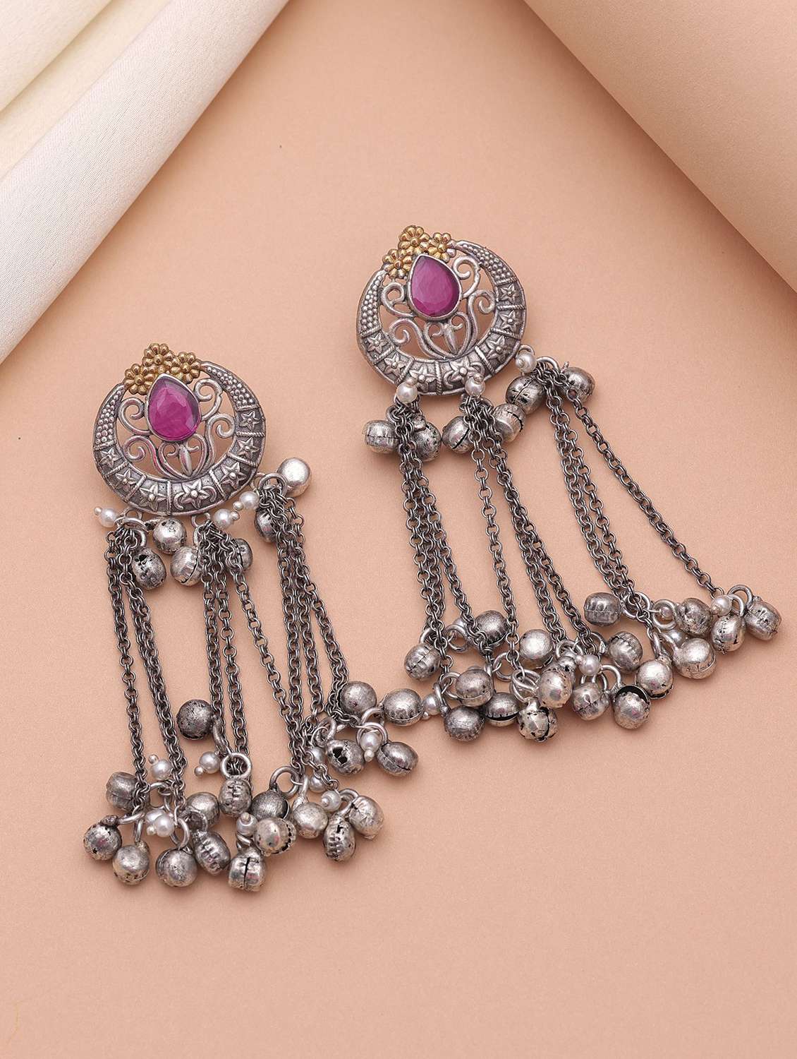 women oxidised dual tone drop earrings
