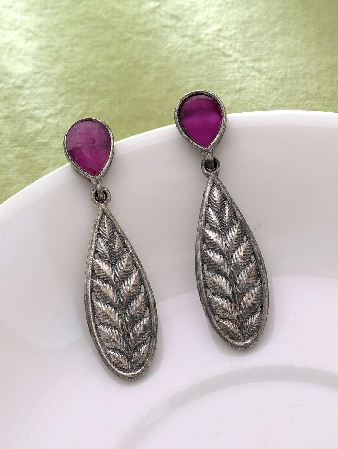 women oxidised green stone drop earrings