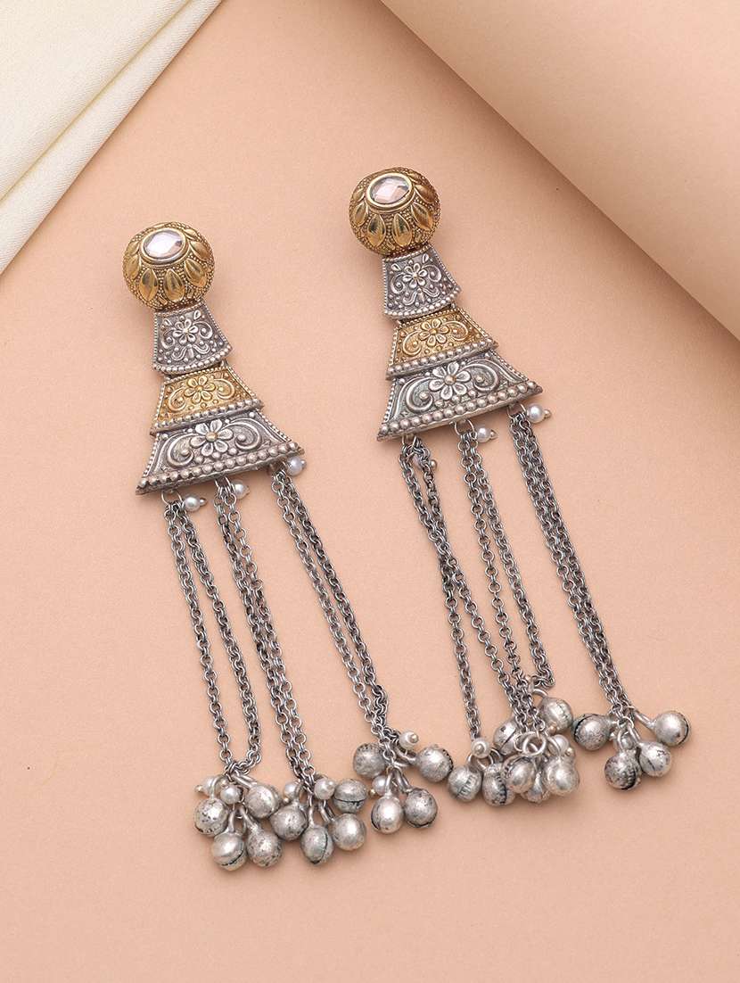 women oxidised dual tone drop earrings