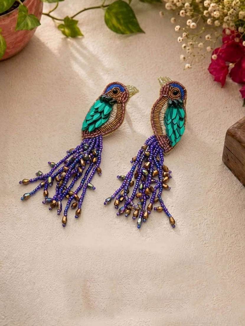 women multi coloured beaded drop earrings