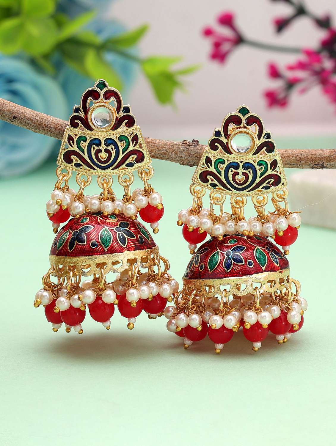 women red meenakari jhumka