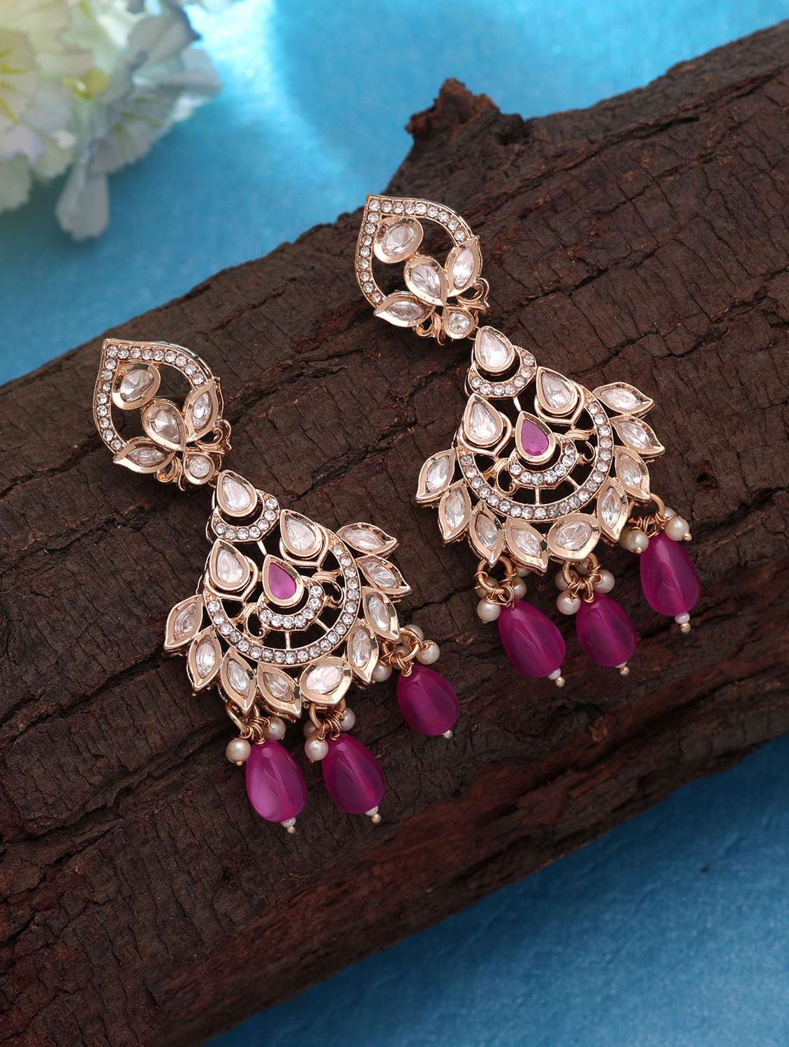 women pink polki kundan chandbali