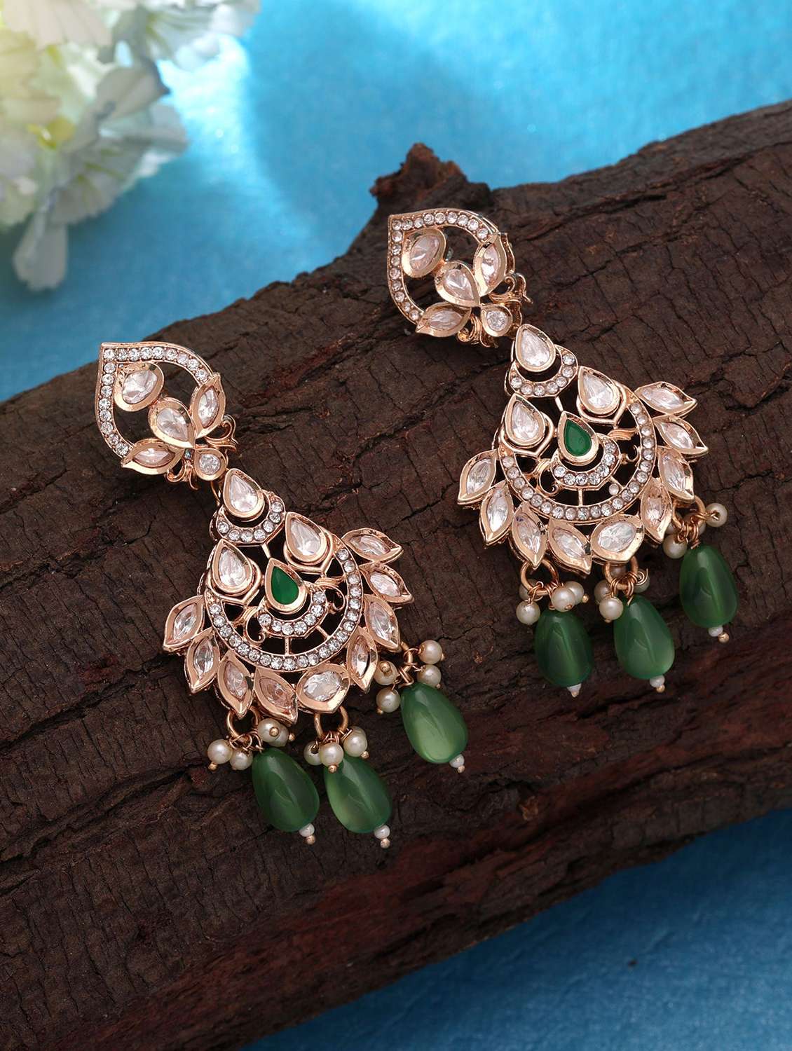 women green polki kundan chandbali