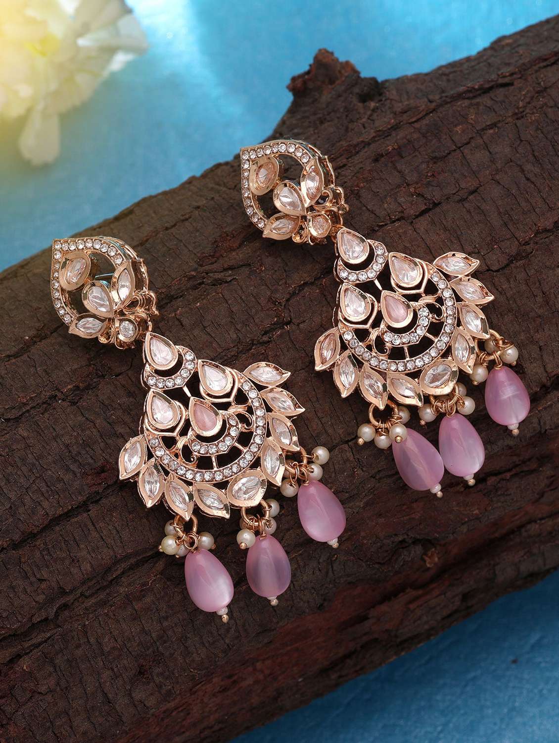 women pink polki kundan chandbali