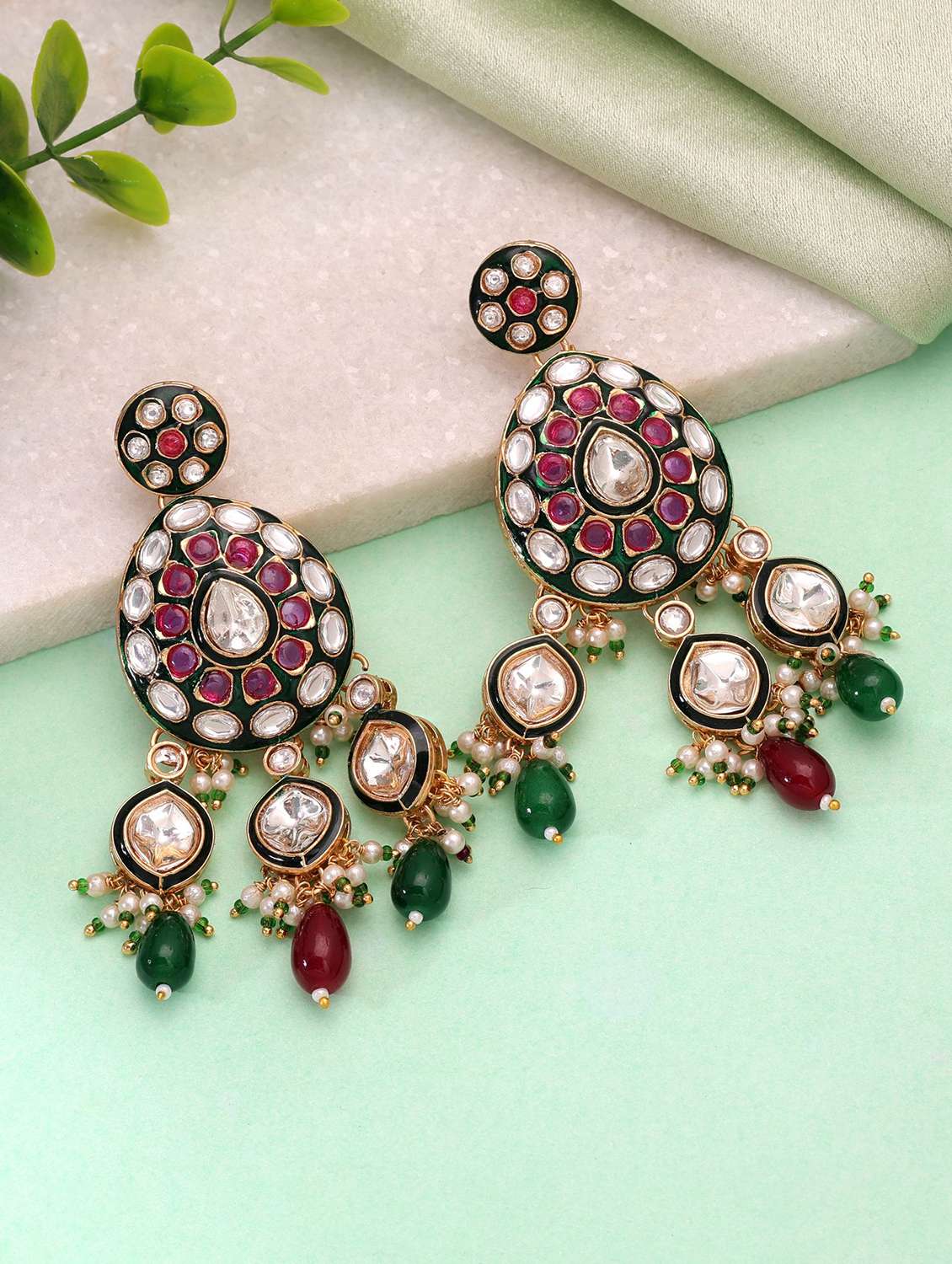 women meenakari kundan chandellier earrings