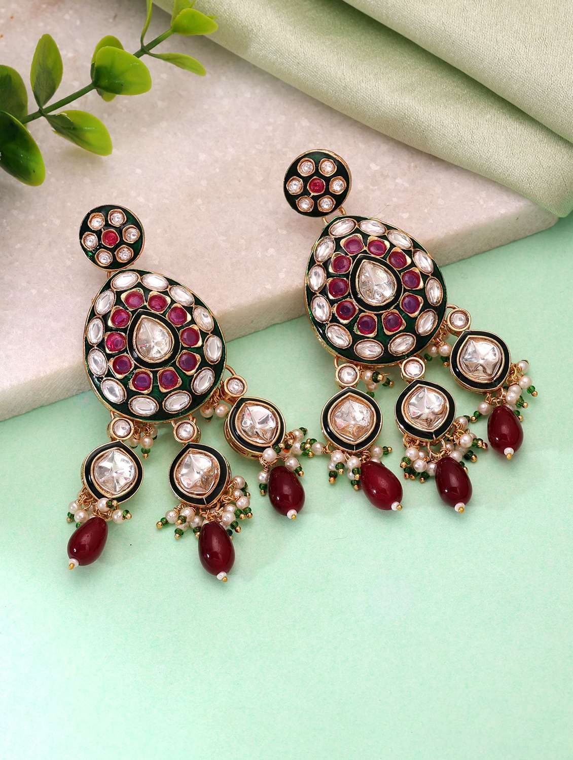 women meenakari kundan chandellier earrings