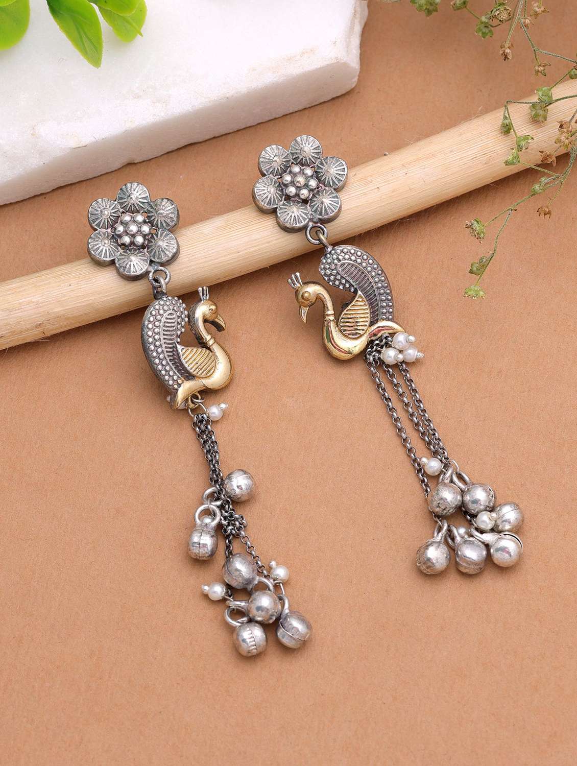 women oxidised dual tone drop earrings