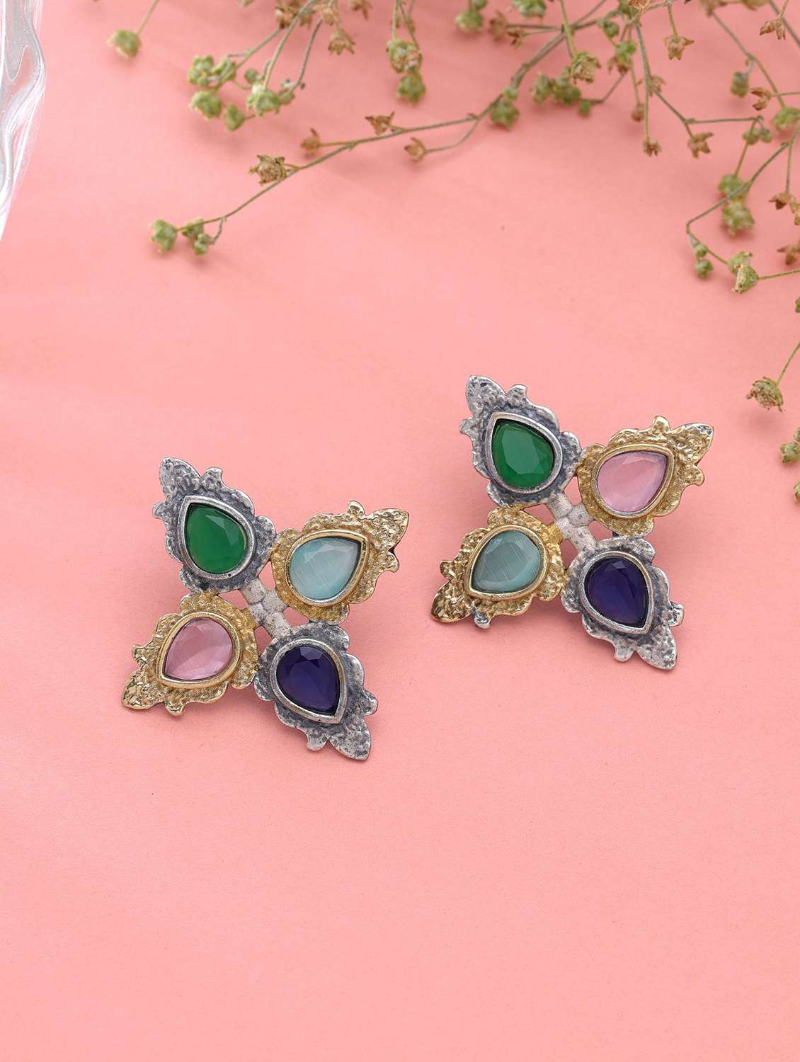 women oxidised dual tone multi coloured stone studs