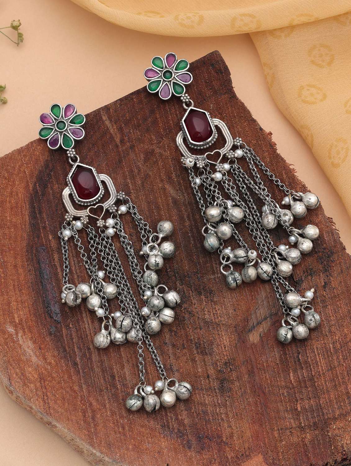 women oxidised multi coloured stone drop earrings