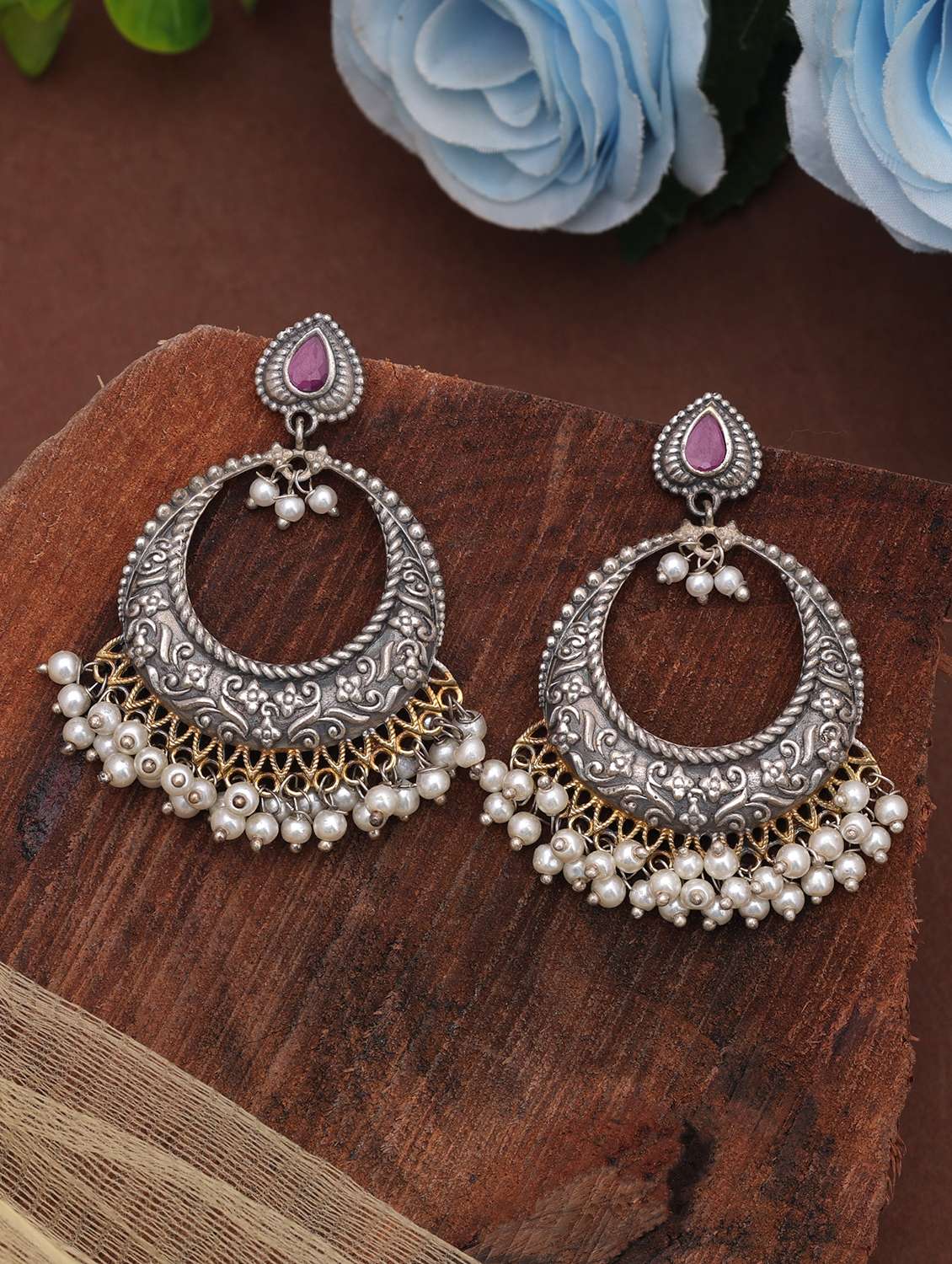 women oxidised dual tone pink stone chandbali