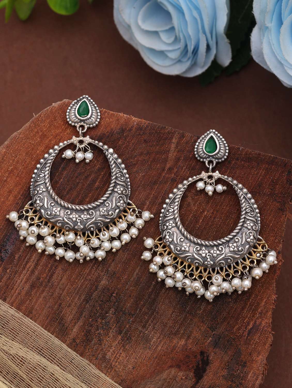 women oxidised dual tone green stone chandbali