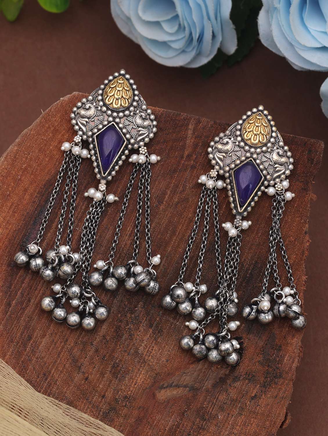 women oxidised blue stone drop earrings