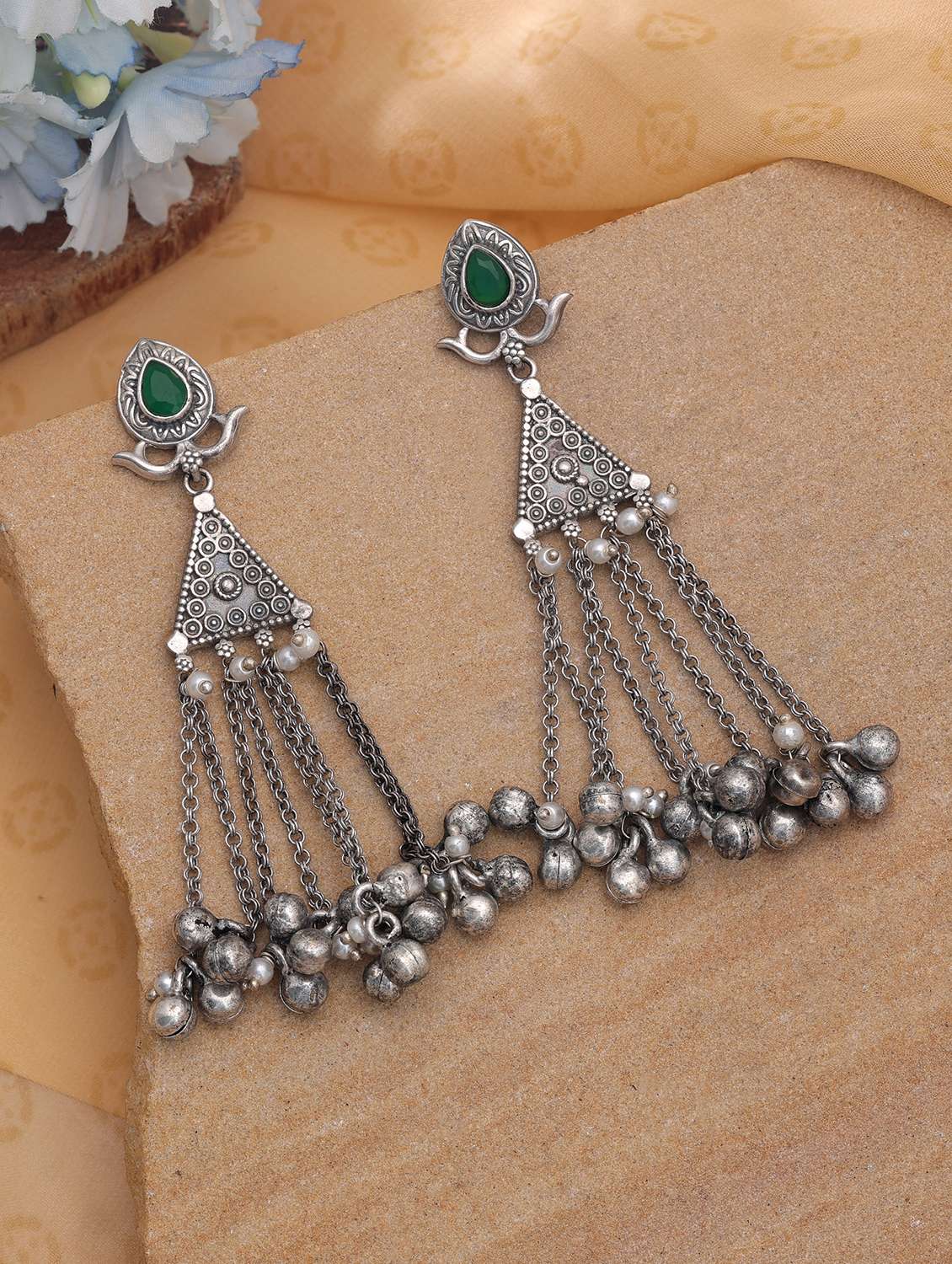women oxidised green stone drop earrings