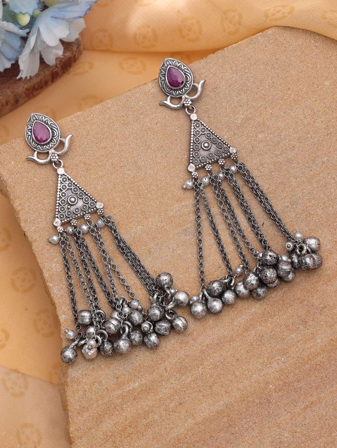 women oxidised pink stone drop earrings