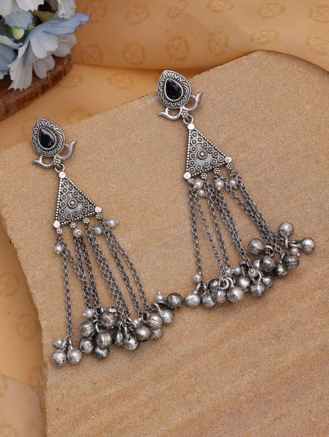 women oxidised black stone drop earrings