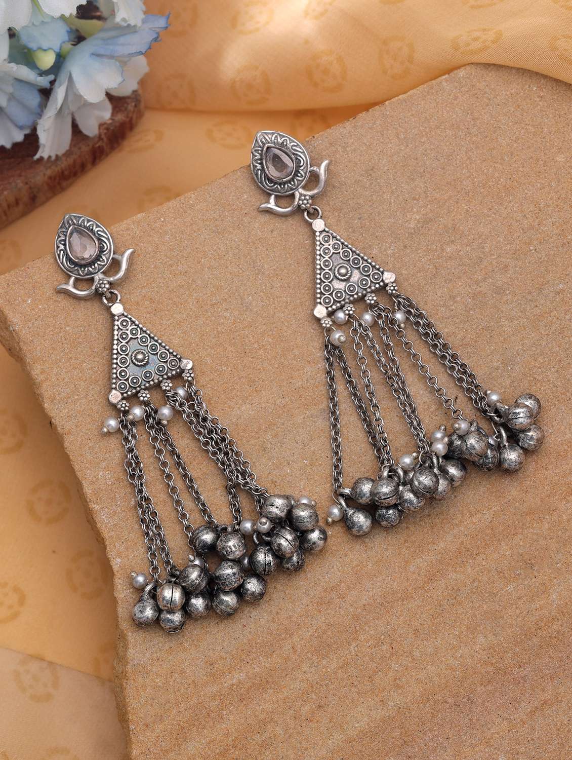 women oxidised silver stone drop earrings