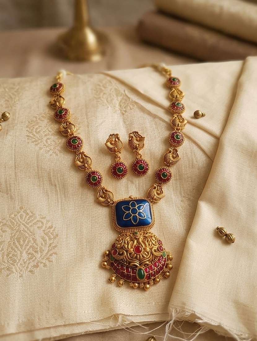 temple jewelry set antique blue gold plated south indian style necklace set