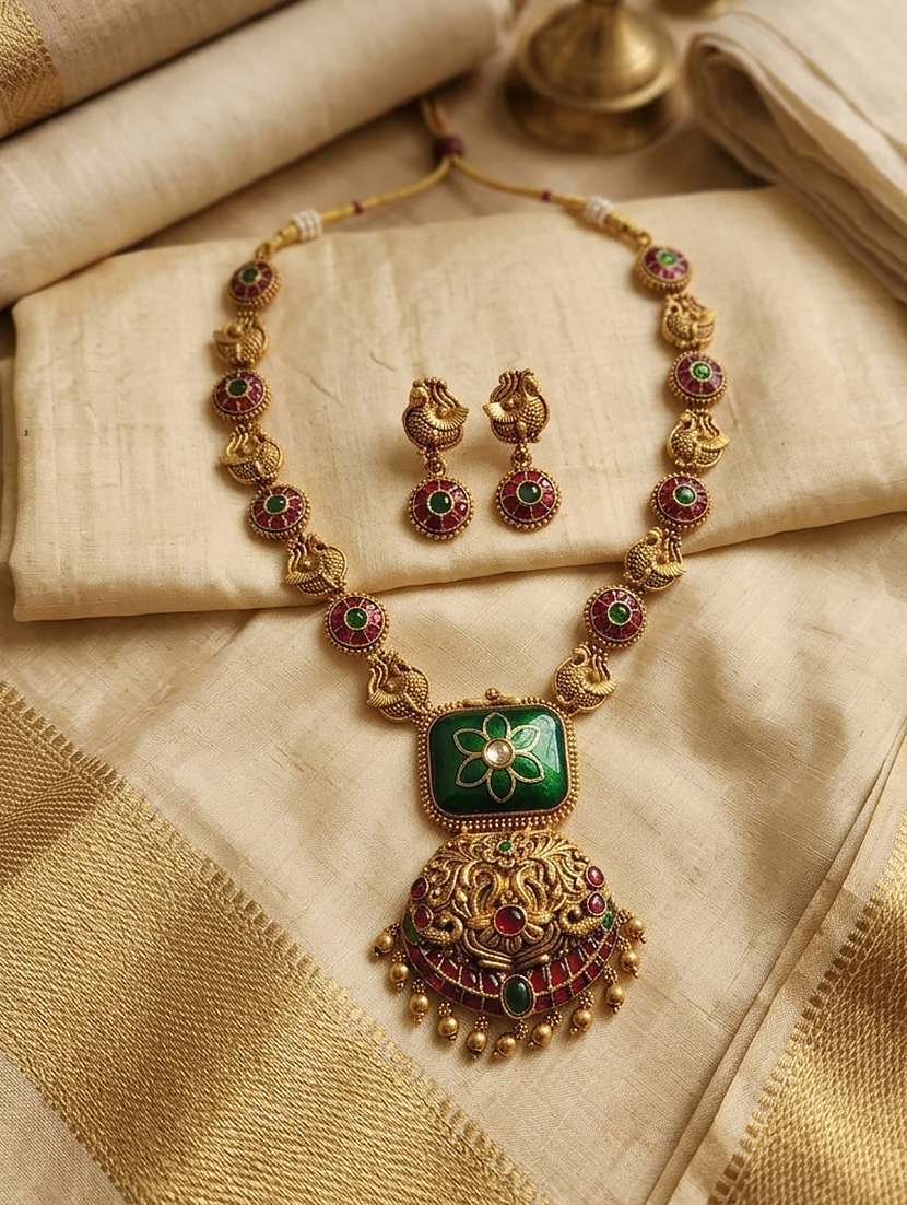 temple jewelry set antique green gold plated south indian style necklace set