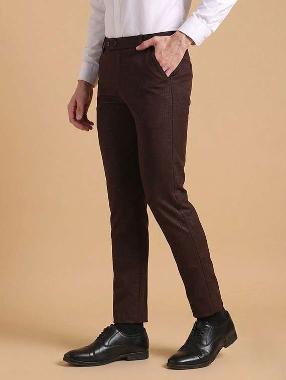 men self design mid rise slim fit formal trouser