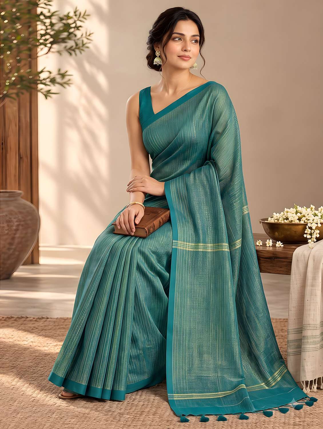 Women Self Design Handloom Saree With Blouse - 22720716 -  Standard Image - 3