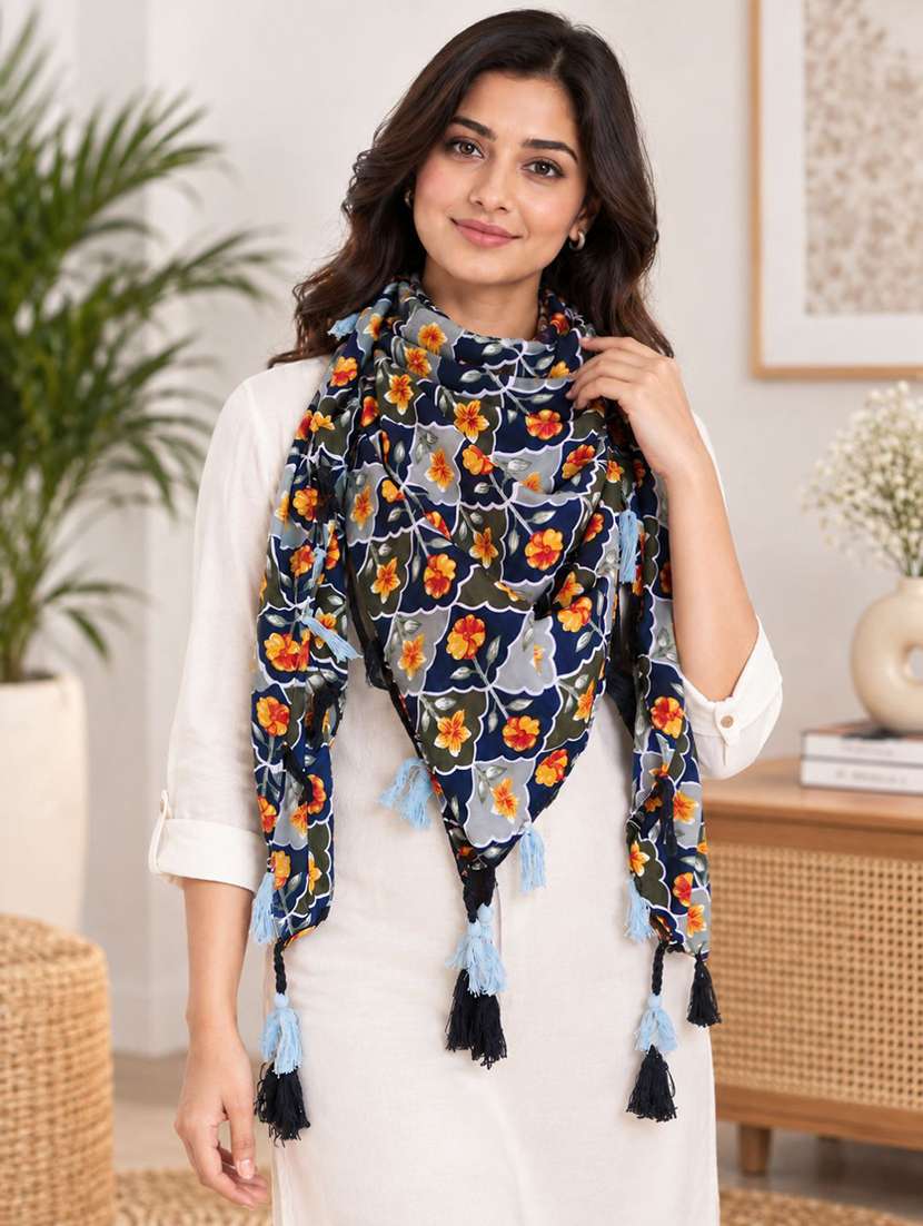 women floral printed scarf with tassels