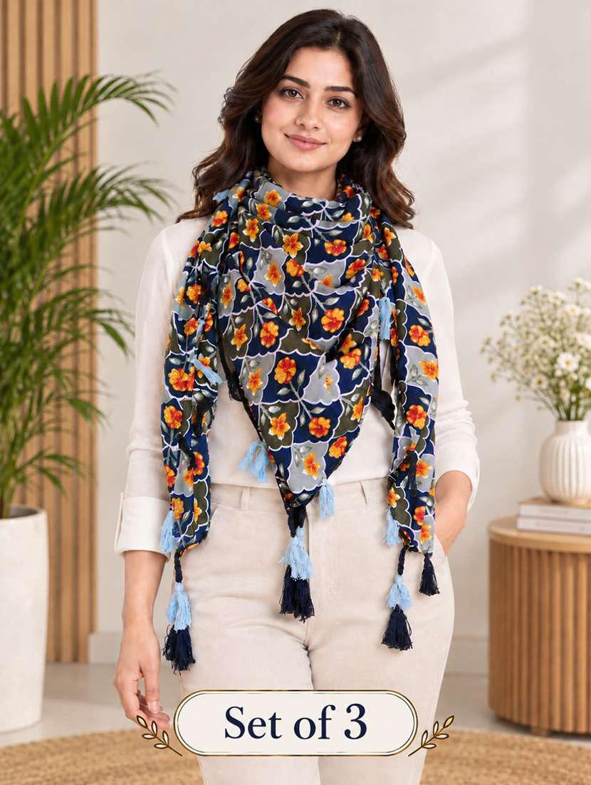 women pack of 3 floral printed scarf with tassels