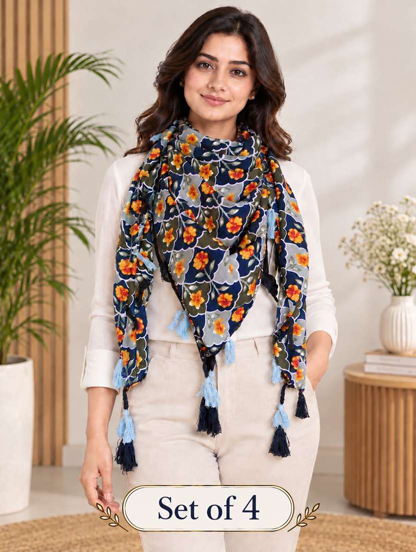 women pack of 4 floral printed scarf with tassels