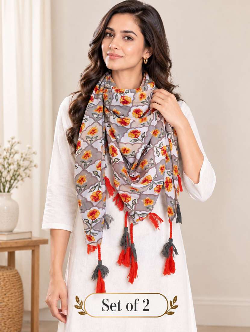 women pack of 2 floral printed scarf with tassels